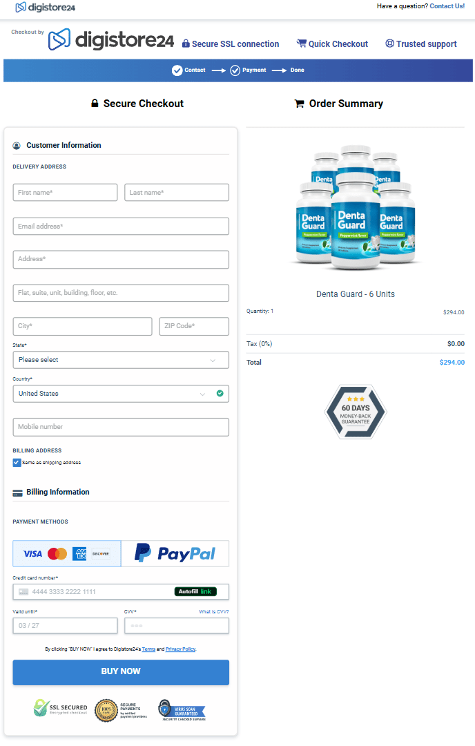 DentaGuard order checkout page